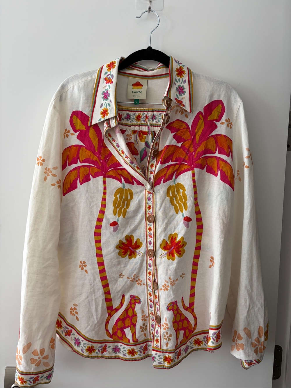 FARM Rio SET White Button-Down Shirt and Shortswith Pink & Orange Tropical Print - Picture 2 of 5